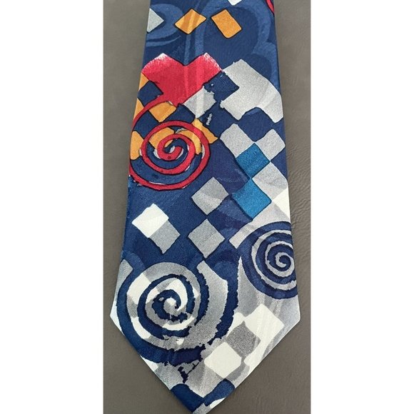 Editions by Van Heusen Tie Size 3.75" x 55" Blue Gray Red Orange Geometric Print - Picture 3 of 6